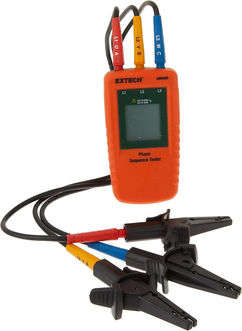 Extech 480400 Phase Sequence Tester with LCD Display and Alligator Clips - Image 1